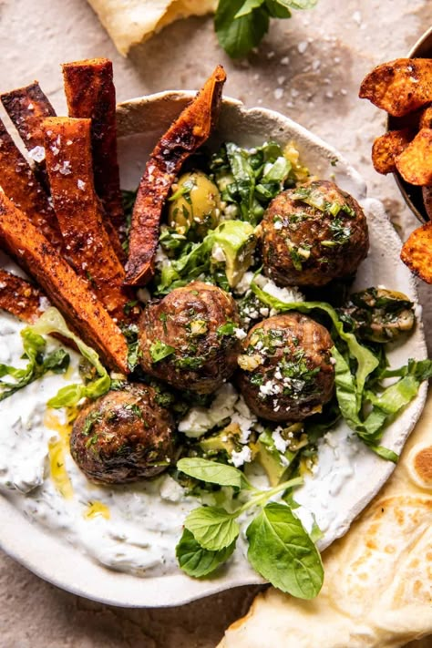 Sheet Pan Greek Meatballs and Tzatziki | halfbakedharvest.com Half Baked Harvest Greek, Tzatziki Chicken, Oven Baked Meatballs, Salad Appetizer Cups, Half Baked Harvest Recipes, Greek Meatballs, Indian Butter Chicken, Lamb Meatballs, Roasted Chicken Breast