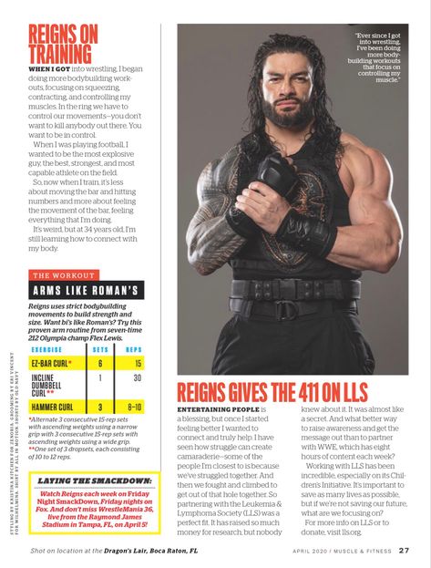 Roman Reigns arm workout from the April 2020 edition of Muscle and Fitness magazine. #RomanReigns #Fitness #Health #Training #ArmsWorkout #WWE Wwe Workout, Boxing Hiit Workout, Roman Reigns Workout, Muscle And Fitness, Workout Lifestyle, Men Health, Training Workouts, Health And Fitness Magazine, Fitness Magazine