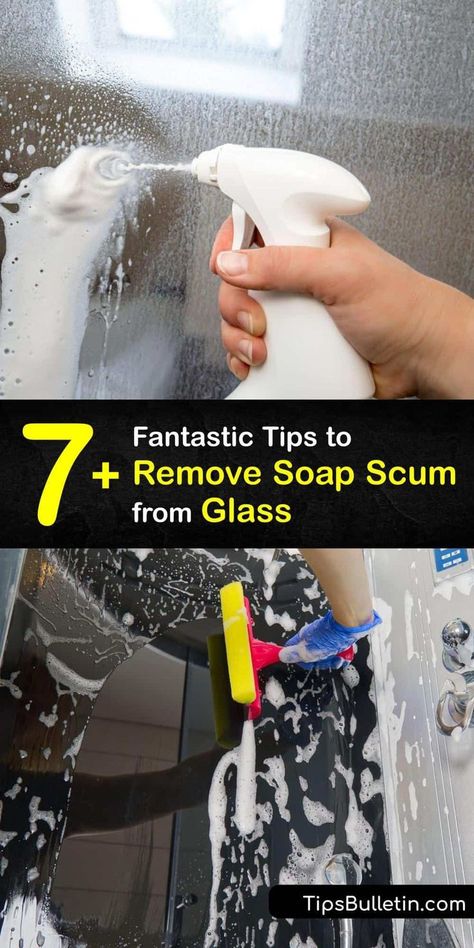 Discover how to clean glass shower doors and other glass surfaces to remove soap scum and a hard water stain. It’s easy to clean soap scum off shower glass with white vinegar, baking soda, salt, lemons, and a microfiber cloth and restore a clean glass surface. #remove #soap #scum #glass Soap Scum Removal, Soap Scum Cleaner, Best Soap Scum Remover, Cleaning Glass Shower Doors, Glass Cleaner Recipe, Shower Door Cleaner, Cleaning Shower Glass, Clean Shower Doors, Hard Water Spots