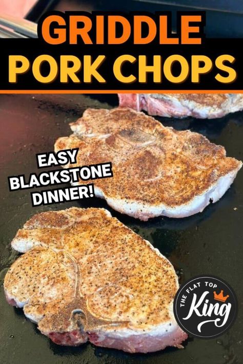 Want to know the best way to make pork chops on the Blackstone? In this step-by-step guide, we’ll discuss picking out the best pork chop cuts, making a quick homemade seasoning, and cooking the best pork chops on the griddle or flat top grill! Bone In Pork Chops On Blackstone Griddle, Boneless Pork Chops On Blackstone Griddle, Pork Chops On Blackstone Grill, Pork Chop Griddle Recipes, Pork Chops On Flat Top Grill, Griddle Pork Chop Recipes, Griddle Pork Chops, Blackstone Pork Chops, Pork Chops On Blackstone Griddle