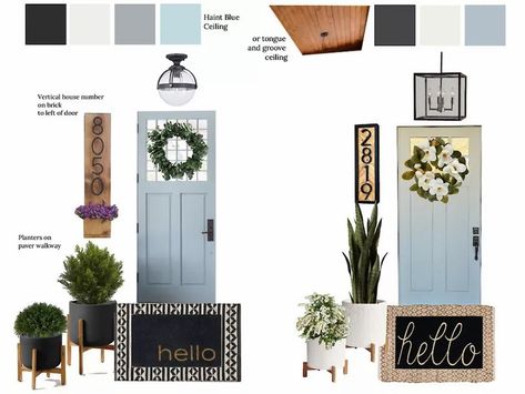 front porch decor for a blue door, with layered doormat ideas Doormat Layering, Layered Doormat, Doormat Ideas, Hello Doormat, Haint Blue, Tongue And Groove Ceiling, Blue Ceilings, Door Decorating, Design Boards