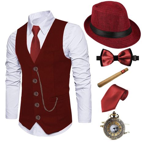 PRICES MAY VARY. Button closure Packet include: 1 x 1920s Mens Fedora Hat; 1 x The Great Gatsby Vest; 1 x Vintage Pocket Watch; 1 x Pre Tied Bow Tie; 1 x Tie Classic 1920s Style Manhattan Structured Gangster Trilby Fedora Hat Cap;Stripe vest classic shape with buttons down the front. Complete your 1920's look with this vintage gangster vest tie outfit set. Pocket Watch with chain are a great costume addition for a 1920s theme party. A great Gangster accessories for 20s costume. Get Set for the R Great Gatsby Outfits, 1920s Mens Costume, 20s Costume, Gangster Costumes, 1920s Theme, Great Gatsby Themed Party, 1920s Costume, Trilby Fedora, 1920s Looks