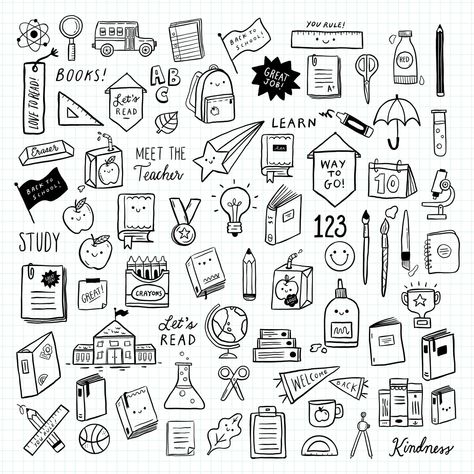 School Doodle Clipart Back to School Education Teacher - Etsy Canada School Items Drawing, Cute Doodles To Do In School, Drawing Ideas For Classroom, School Stuff Drawing, Doodle Art For School, School Simple Drawing, Cute School Drawing, Back To School Drawings Easy, English Doodles School