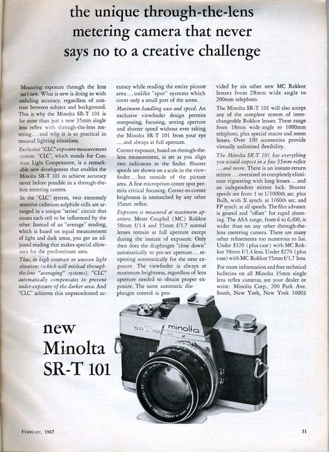 new Minolta SRT 101 - 1967 | the unique through-the-lens met… | Flickr Minolta Srt 101 Photography, Minolta Srt 101, Camera Ads, Minolta Camera, Old Cameras, Photo Equipment, Creative Challenge, Cinematic Photography, Film Cameras