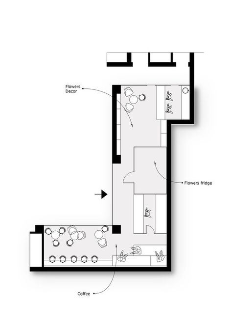 ARKA Flower Shop / Maly Krasota Design | ArchDaily Shop Floor Plan, Flower Shop Interiors, Store Plan, Plaza Design, Flower Cafe, Flower Shop Design, Architecture Life, Coffee Flower, Store Interiors