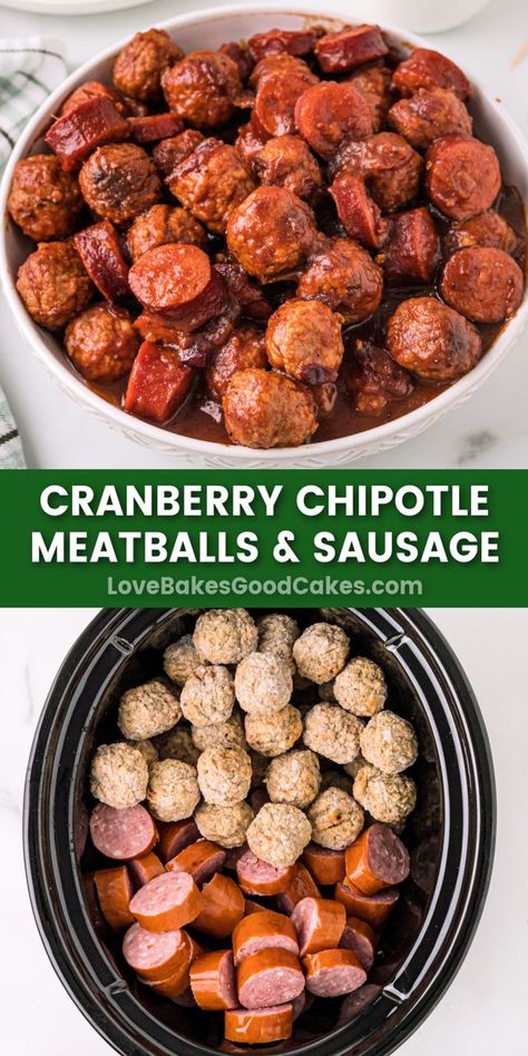 Cranberry Chipotle Meatballs & Sausage pin collage Chipotle Meatballs, Crockpot Meal, Crock Pot Meatballs, Sausage Recipe, Easy Slow Cooker Recipes, Crock Pot Slow Cooker, Easy Appetizer Recipes, Sweet And Savory, Game Day Food