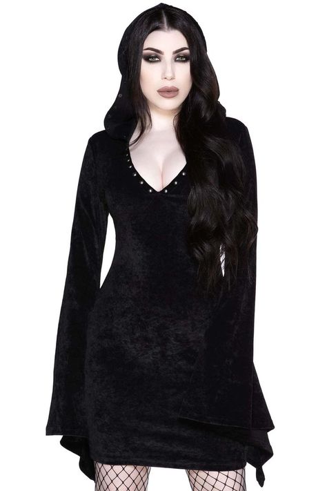 [FORBIDDEN STUDDED DRESS] Channel yer inner goddess and look divine in the 'Forbidden' studded dress. Conjured using a luxe soft-touch faux-suede for a flattering and seductive fit. No detail has been spared; featuring a sultry low-cut neckline, oversized hood, stud details on the hood and front and dramatic flare sleeve perfect for a date with the devil or night out with yer coven. Oh so versatile - perfect from dusk 'til dawn. Model wears XS Girls Of The Wilds, Killstar Dress, 2010 Fashion, Studded Dress, Dream Outfits, Goth Dress, Inner Goddess, Lace Skater Dress, Hooded Dress