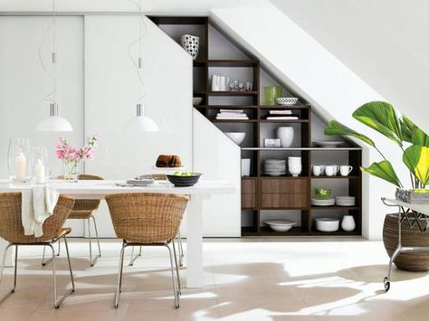 space saving ideas and modern storage solutions for staircase designs Interior Design Under Stairs, Shelves Under Stairs, Placard Design, Space Under Stairs, تحت الدرج, Stair Shelves, Storage Stairs, Stairs In Kitchen, Staircase Wall Decor