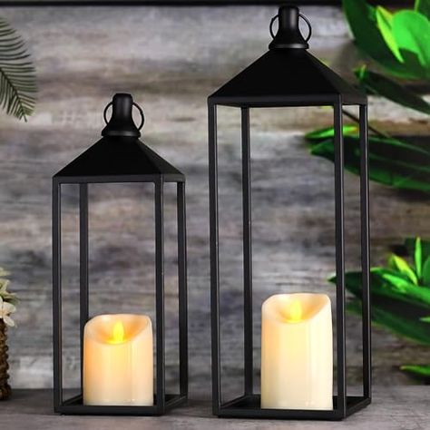 MATAHUM Modern Farmhouse Lantern Decor, 17" 13" Set of 2 Black Lantern with LED Pillar Candle, Decorative Lantern for Living Room, Home, Indoor, Outdoor, Garden, Patio Black Lanterns On Porch, Pool Entrance, Farmhouse Lantern Decor, Decorative Lanterns, Farmhouse Lantern, Candle Modern, Lantern Decor, Christmas Entryway, Lantern Centerpieces