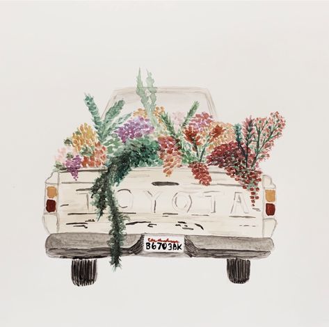 Watercolor Illustration Aesthetic, Flower Truck Painting, Truck With Flowers Painting, Old Truck Tattoo, Old Truck Drawings, Flower Delivery Van, Watercolor Truck, Back Drawing, Western Artwork