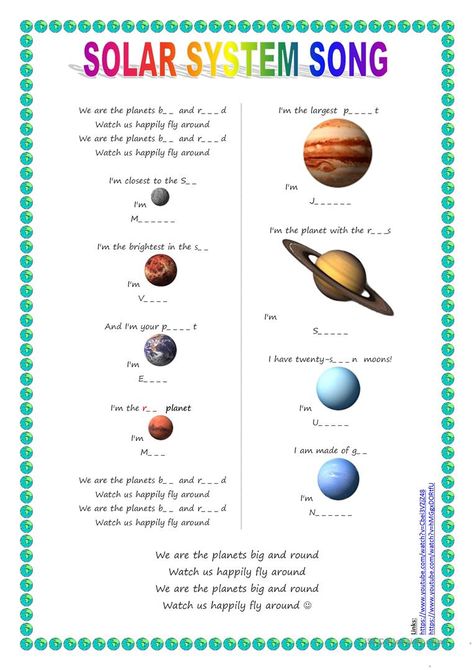 Song for kids: Planets / Solar System song - English ESL ... Solar System Song, Solar System Diagram, Solar System Pictures, Planet Song, Solar System Coloring Pages, Space Activity, Solar System Worksheets, Planets Solar System, Solar System For Kids