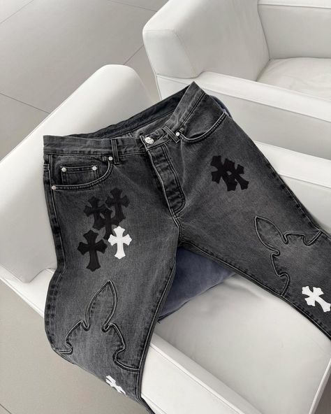 +++ Le Fleur Knee Patched Custom Jeans | Instagram Chrome Heart Jeans, Chrome Hearts Outfit, Chrome Hearts Jeans, Hearts Outfit, Heart Jeans, Custom Jeans, Knee Patches, Timeless Jewelry, Chrome Hearts