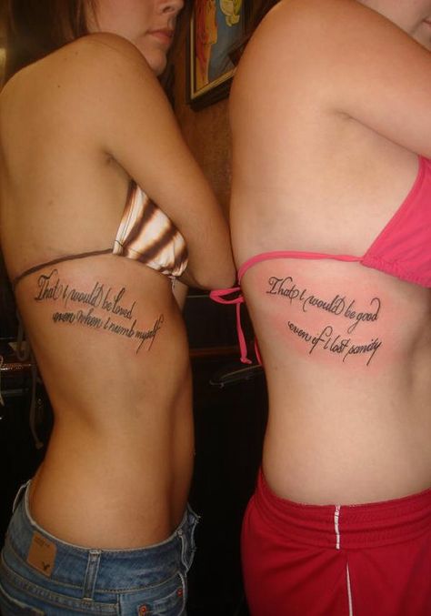 Matching Side Tattoos, Alanis Morissette Tattoo, Matching Rib Tattoos, Sister Tattoos Quotes, Tattoos Best Friends, Song Lyric Tattoos, Rib Tattoo Quotes, Cute Sister Tattoos, Matching Best Friend Tattoos