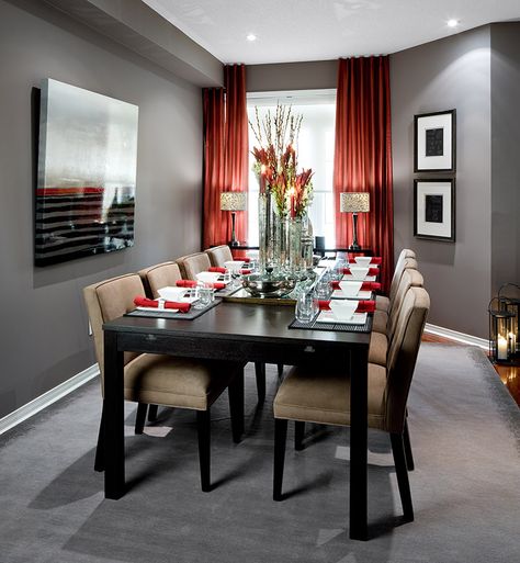 Dining Room Designs | Jane Lockhart Interior Design. see curtain placement on left under eave. Red Dining Room, Dining Room Curtains, Grey Dining Room, Dining Room Contemporary, Dark Furniture, Beautiful Dining Rooms, Grey Dining, Luxury Dining Room, The Dining Room