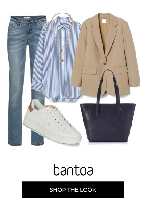 Outfits Con Jeans Azules, Outfit Saco Beige, Outfits Con Jeans Azul Claro, Camisa Jeans Outfit Mujer, Saco Beige Mujer Outfit, Blue Striped Shirt Outfit Work, Blazer Celeste Outfits Mujer, Outfit Blazer Azul Marino, Outfits Camisa Azul