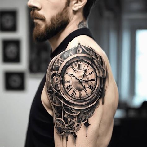 Old Clock Tattoo Design, Clock Tattoo Design Men, Old Clock Tattoo, Symbolism Tattoo, Time Clock Tattoo, Tattoo Clock, Tattoo Bicep, Tattoo Symbolism, Tattoo Mens