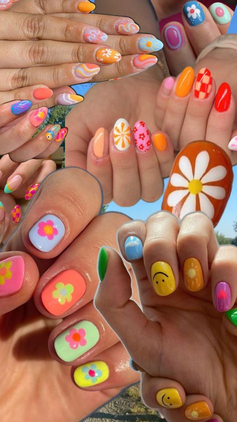 Granola Girl Nails Summer, Groovy Summer Nails, Happy Nail Art, Turkish Eye Nails, Vibey Nails, Groovy Nail Designs, Rainbow Gel Nails, Groovy Nail Art, Hippie Nail Art