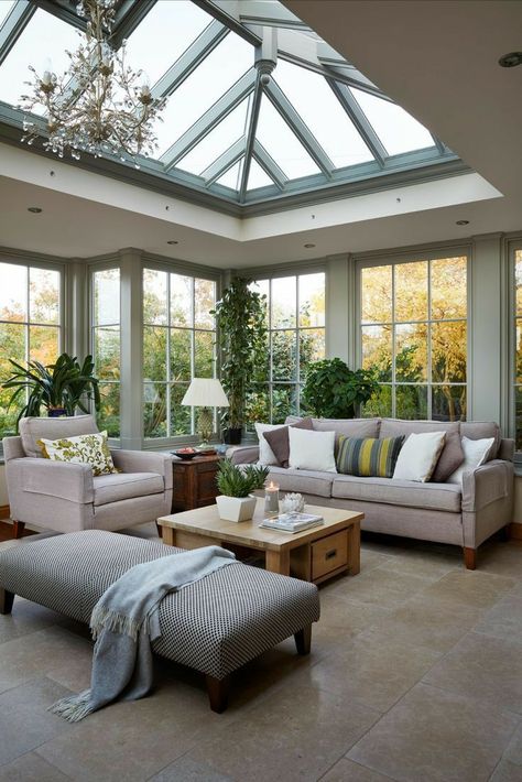 Veranda Living Room, House Atrium Design, Yea Garden, Orangery Interior, Lantern Roof, Home Conservatory, Conservatory Interior, Garden Room Extensions, Sunroom Designs