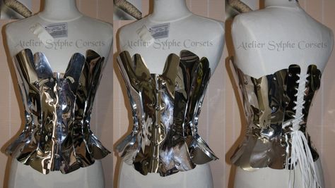 Chrome Corset Outfit, Chrome Corset, Plastic Corset, Brace Ideas, Metal Corset, Corset Inspiration, Metallic Corset, Silver Corset, Steel Corset