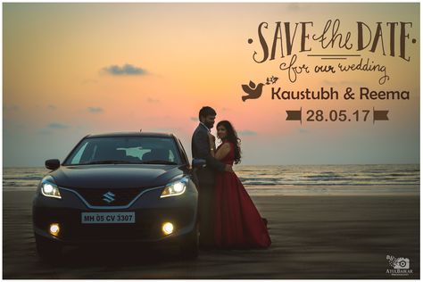 Reema and Kaustubh can't wait for you to Save the Date! 👰🏻 #couple #atulbaikarphotography #preweddiaries #beach #car #poses #couplegoals #prewedding2k17 #romance #romanticposed #reddress #suit #composition #savethedate #savethedatephotos  #moment Indian Bridal Photography, Date Couple, Save The Date Pictures, Pre Wedding Photoshoot Props, Wedding Photography Checklist, Photos Bff, Marriage Photography, Pre Wedding Photoshoot Outfit, Car Poses