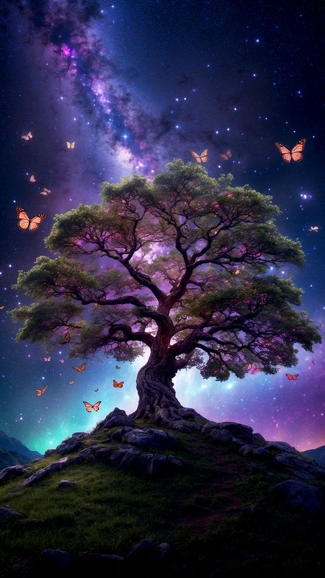 A big tree sitting on top of a lush green hillside, decorated with glowing butterflies, glow galaxy background, purple magic Purple Trees Landscape, Galaxy Tree, Glowing Butterflies, Space Tree, Purple Magic, Background Purple, Wisteria Tree, Magical Tree, Magic Herbs