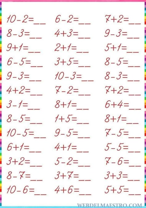 Matemáticas para niños-Sumas y restas hasta el 10 Kindergarten Addition Worksheets, Math Addition Worksheets, Preschool Math Worksheets, Math Workbook, 1st Grade Math Worksheets, Kids Math, Math Work, Kids Math Worksheets, Math Addition