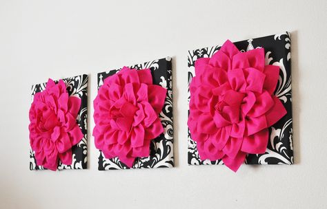 THREE Wall Flowers Hot Pink Dahlia Flowers on Black by bedbuggs Black White And Pink Living Room, Hot Pink Room Ideas, Black And Pink Living Room Decor, Black And White Office Ideas, Diva Room, Pink Office Decor, Baby Nursery Wall Decor, Diva Den, Purple Dahlia