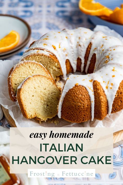 This Italian bundt cake recipe - called an Italian hangover cake - is moist and easy to make. The cake has undertones of bright orange and is topped with a zesty orange glaze on top. This is a copycat recipe from the Defazios restaurant in NY. Southern Hangover Cake, Hangover Cake Recipe, Italian Hangover Cake, Nothing Bundt Cakes Recipe Copycat, Hangover Cake, Amaretto Cake, Tailgating Food, Easy Bundt Cake, Italian Cakes