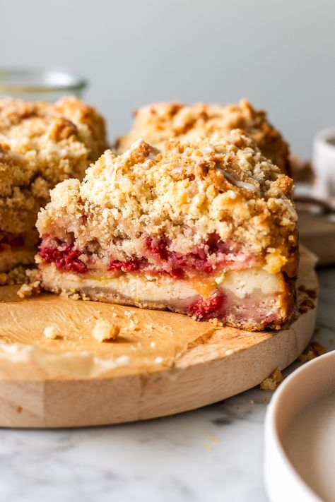 This soft and tender raspberry lemon coffee cake is bursting with juicy raspberries and has ripples of creamy dairy free lemon vanilla cream cheese and lemon curd throughout! No eggs and no dairy needed- shhh, it's vegan!! Lemon Raspberry Coffee Cake, Lemon Coffee Cake, Rhubarb Custard Pie, Raspberry Cream Pies, Rhubarb Custard Pies, Raspberry Coffee Cakes, Lemon Coffee, Custard Pie Recipe, Rhubarb Custard