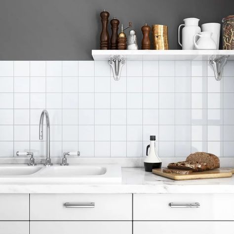 Glass backsplash with white cabinets