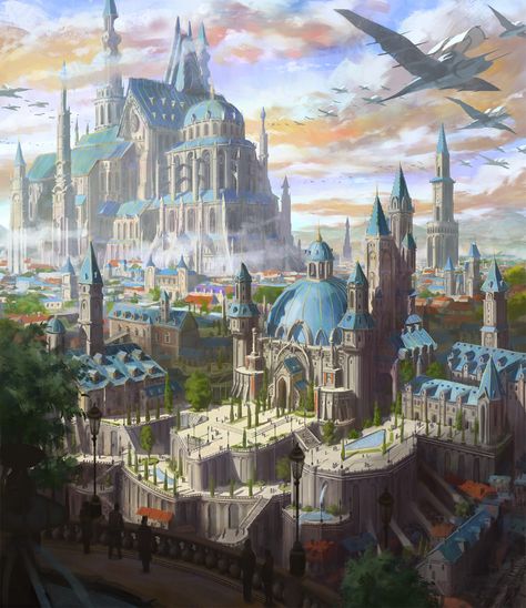 Fantasy Castles, Magical City, Fantasy Town, Fantasy Background, Paintings And Drawings, Fantasy Homes, City Illustration, Blue City, Fantasy City