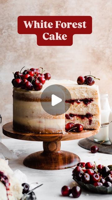 Cherry Cake Filling, Whipped White Chocolate Ganache, White Forest Cake, Stephanie Simmons, White Almond Cakes, Easy Christmas Cake Recipe, Cherry Sauce, White Cakes, White Forest