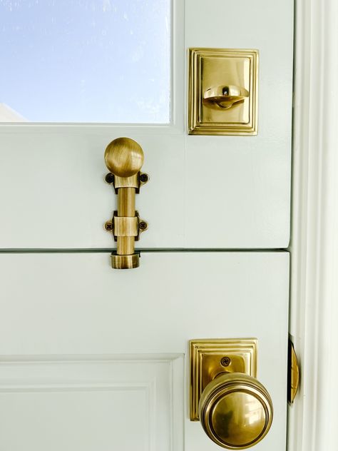 Dutch Door Hardware Ideas, Brass Front Door Handle, Emtek Front Door Hardware, Dutch Door Hardware, French Door Hardware, Dutch Door Interior, Interior Dutch Door, Dutch Doors Exterior, Antique Door Knockers