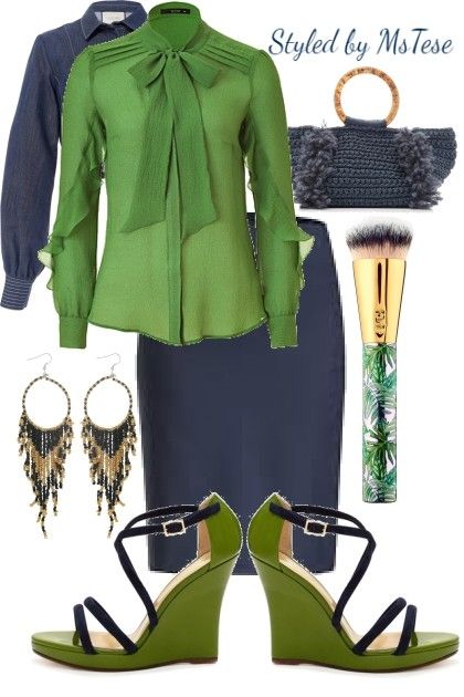 Blue And Green Outfits For Women, Blue And Green Outfit, Green Outfits For Women, Blue Skirt Outfits, Navy Outfits, Office Wears, Navy Blue Outfit, 9to5chic Outfits, 2020 Outfits