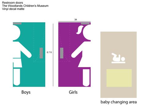 Door design for boys and girls restrooms. Kids Ministry Rooms, Bathroom Door Design, School Restroom, Toilet Signage, Room Signage, Preschool Designs, Church Building Design, Kids Toilet, Painted Bathroom