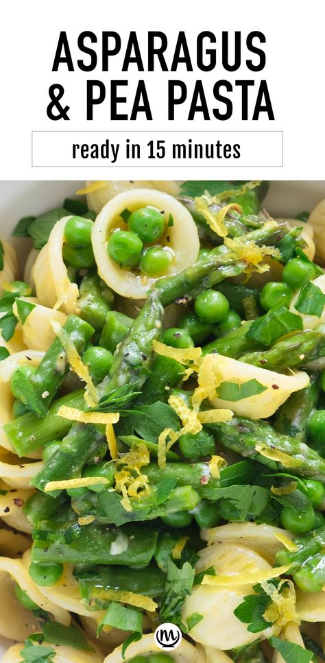 Close-up of a plate full of asparagus and pea pasta. Peas Asparagus Pasta, Asparagus Meal Recipes, Garlic Cream Bucatini With Peas And Asparagus, Lentil Asparagus Recipes, Pasta Primavera With Asparagus And Peas, Light Italian Pasta Dishes, Asparagus Pasta Recipes Healthy, Peas And Asparagus Casserole, Asparagus Pea Pasta