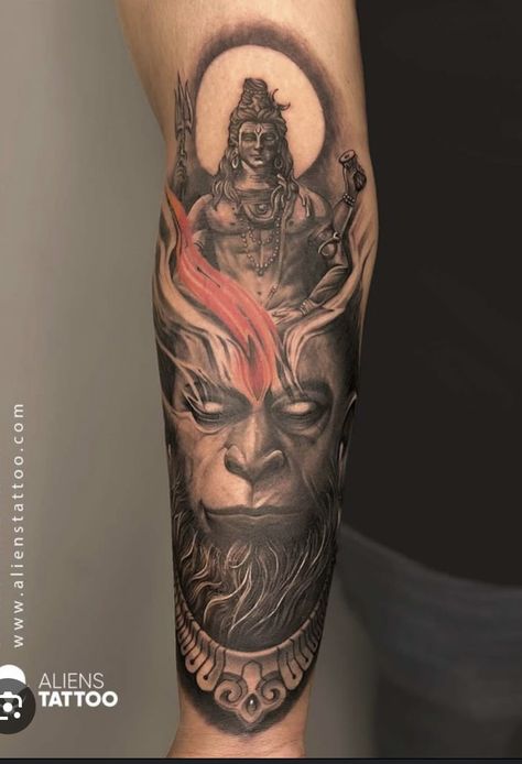 Shiva And Hanuman Tattoo, Shiv Hanuman Tattoo, Lord Shiva Hand Tattoo, Hanuman And Shiva Together Tattoo, Hanuman Shiva Tattoo, Hanuman Ji Tattoo Design On Hand, Hanuman Tattoo Design Art, Bhagwan Tattoo, Hanumanji Tattoo Design