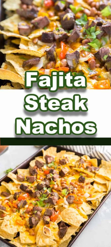 These steak nachos are piled high with nothing but good stuff! Chips, cheese, veggies, and beans make these steak nachos a game day (or dinner time) great! Snack food never tasted so good! Fajita Nachos Recipe, Fajita Steak, Steak Nachos, Awesome Appetizers, Nachos Recipe Easy, Loaded Nachos, Skillet Recipes, Chicken Nachos, Easy Party Food