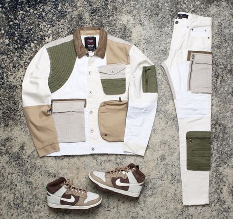 Beige Utility Jacket With Cargo Pockets For Work, White Long Sleeve Outerwear With Multiple Pockets, White Patchwork Outerwear For Work, Beige Utility Jacket With Multiple Pockets, Fall Cargo Style Utility Jacket For Streetwear, White Utility Outerwear With Pockets, Beige Cotton Outerwear With Cargo Pockets, Urban Cargo Style Khaki Outerwear, Brown Utility Jacket With Pockets For Streetwear