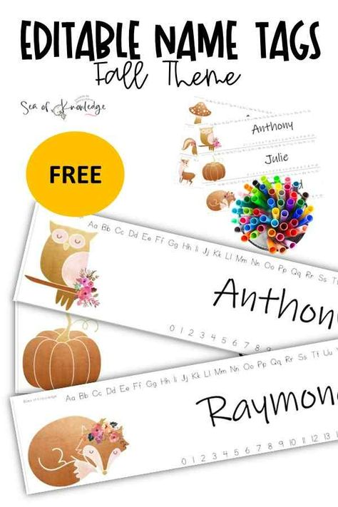 Cute Printable Fall Name Tags Editable - Sea of Knowledge Editable Name Tags For Preschool Free, Fall Name Tags Free Printable, Preschool Cubby Name Tags Free Printable, Pumpkin Name Tags Free Printable, Desk Name Tags For Kids Free Printable, Cubby Tags Preschool Free Printable, Free Name Tags Printables, School Labels Printables Free Editable, Free Editable Name Tags