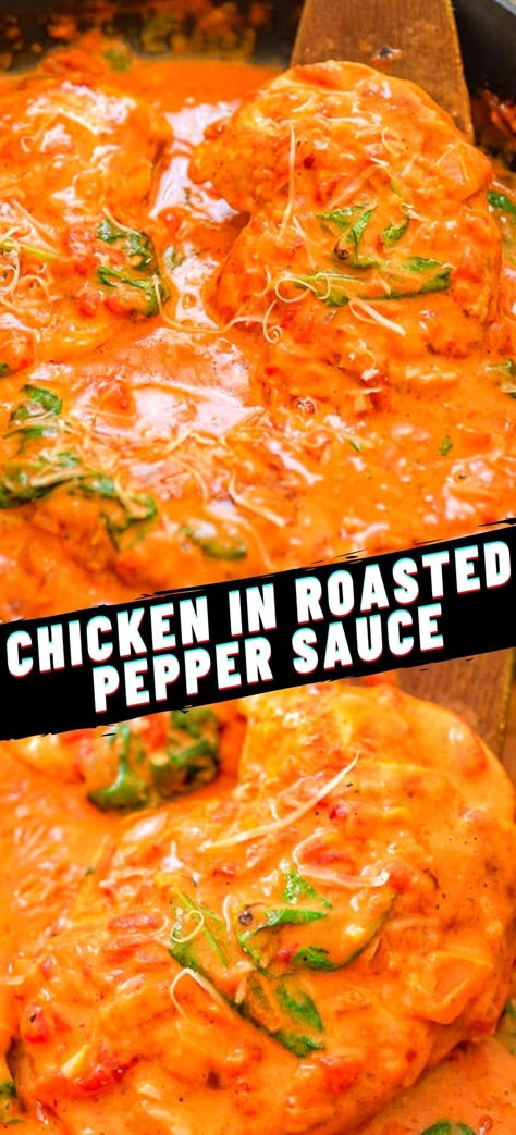 This Chicken Breast in Roasted Pepper Sauce is one of the tastiest chicken recipes. EVER. It is ready in 30 minutes! FOLLOW Cooktoria for more deliciousness! If you try my recipes - share photos with me, I ALWAYS check! Roasted Red Peppers Recipes, Red Pepper Recipes, Pepper Sauce Recipe, Roasted Pepper Sauce, Dinner Favorites, Chicken Recipes Boneless, Oven Chicken Recipes, Tuscan Chicken, Pepper Chicken