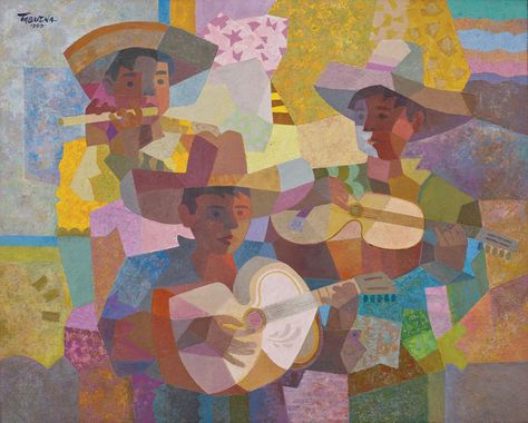 Romeo Tabuena, Three Musicians, 1990. Three Musicians, Cool Paintings, Painting Illustration, Musician, How To Memorize Things, Auction, Paintings, Illustrations, Art