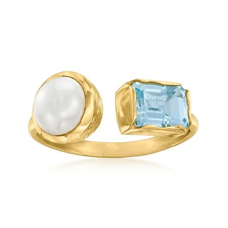 Ross-Simons is always looking for new ways to reinvent essential jewelry styles. This ring contrasts the luminous glow of a 8-8.5mm cultured freshwater button pearl and the refreshing shade of a 1.40 carat emerald-cut sky blue topaz, making one beautiful design. Crafted in textured and polished 18kt yellow gold over sterling silver. 3/8" wide. Sky blue topaz and white pearl ring. Each Ross-Simons item arrives in a fine jewelry presentation box. Shop Ross-Simons jewelry risk-free as all items include a 30-day, 100% money-back guarantee. Stone Information Gem Type 1: Topaz Stone Cut 1: Good-Cut Stone Color 1: Blue Stone Clarity 1: Blue Stone Shape 1: Emerald-Shape Stone Creation Method 1: Natural Stone Treatment Method 1: Heat-Treated,Irradiated Stone Weight 1: 1.40 Carats Number Of Stones 1 Something Blue Ring, Pearl And Turquoise Ring, Blue Diamond Engagement Rings, Aquamarine And Pearl Ring, Grad Accessories, Pear Shaped Topaz Ring, Everyday Princess, Sky Blue Topaz Ring, White Pearl Ring