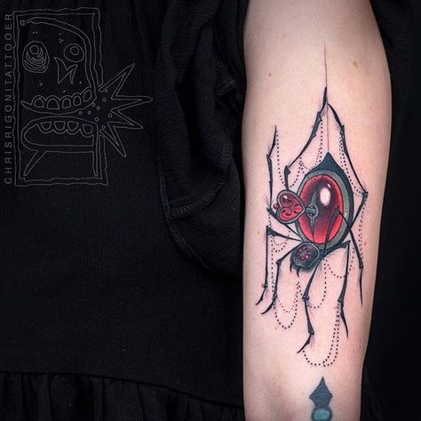 Red jewel spider tattoo Hold Fast Tattoo, Black Widow Spider Tattoo, Taboo Tattoo, Neo Tattoo, Shin Tattoo, Red Cartoon, Gem Tattoo, Spirit Tattoo, Jewel Tattoo