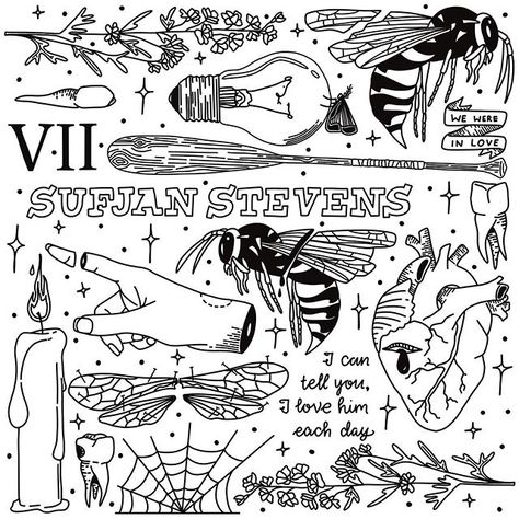 Laura on Instagram: “The linework for this @sufjan flash sheet! 🐝 such a beautiful song 😭 SUFJAN SAID GAY RIGHTS 🏳️‍🌈 . #flashsheet #sticknpoke #tattoo #blackwork…” Sufjan Stevens Tattoo Ideas, Quick Flash Tattoo, Sufjan Stevens Tattoo, Gay Tattoos, Wasp Tattoo, Gay Tattoo, Flash Sheets, Jet Pack, Sufjan Stevens