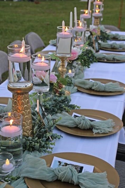 Wedding Table Settings Cheesecloth, Bridal Brunch Place Setting, Sage Green And Gold Wedding Place Settings, Gold Charger Sage Napkin, Green And White Dinner Party, Table Arrangements For Birthday Party, White Tablecloth Tablescape, Table Setting Engagement Party, White Green And Gold Table Decor