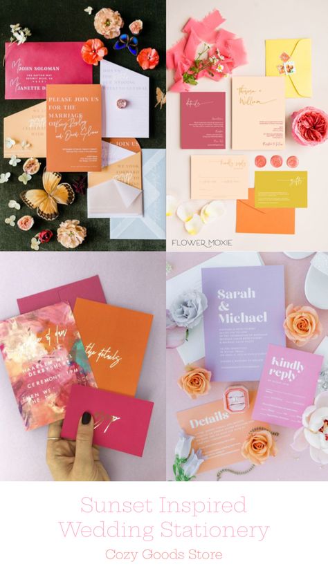 Bright orange pink yellow sunset colors inspired trendy wedding invitations and other stationery collage Collage Sunset, Sunset Inspired Wedding, Cool Wedding Invitations, Sunset Wedding Theme, Sunset Wedding Colors, Pink Yellow Weddings, Sunset Wedding Invitations, Wedding Invitations Ideas, Pastel Wedding Theme