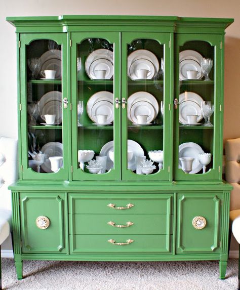 East Coast Creative: Green China Cabinet :{Dimples and Tangles} - Behr's Pine Scent in semi-gloss Green China Cabinet, China Cabinet Makeovers, China Cabinet Decor, China Cabinet Makeover, Dining Room Updates, Green China, Thrift Store Furniture, China Cabinet Display, China Cabinets