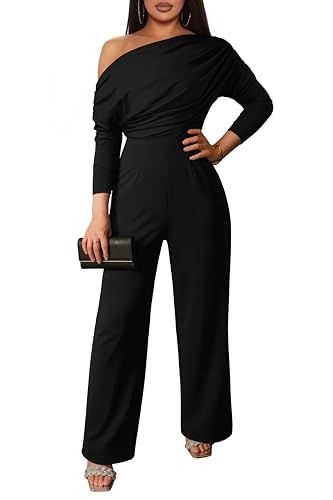 YMDUCH Women's Fall Elegant Long Sleeve Off Shoulder Wide Leg Long Pant Jumpsuits Black Chic Jumpsuits For Women, Black Jumpsuit Outfit Night Classy, Black Jumpsuit Outfit Night, Holiday Tops For Women, Cute Holiday Outfits, Sweater Jumper Dress, Black Jumpsuit Outfit, Holiday Jumpsuit, Red Carpet Party