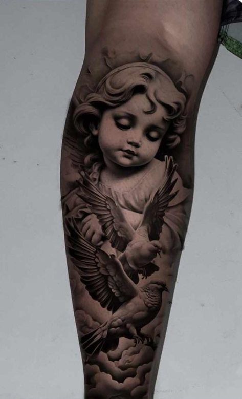 Tattoo Cherub Angel, Large Angel Tattoo, Back Leg Sleeve Tattoo, Jesus Sleeve Tattoos For Women, Woman’s Leg Tattoo, 3 Doves Tattoo, Tattoo Realis, Angel Tattoo Leg, Angel Tattoo On Arm